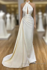 High Neck Satin Ivory Keyhole Ruched Semi Formal Prom Dress